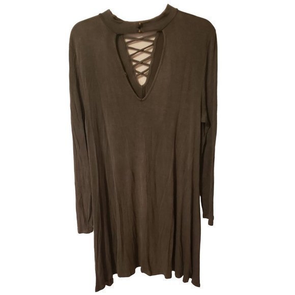 𝅺Entro Womens Size Sm‎ Criss Cross Neckline Dress Olive Green - Picture 2 of 11